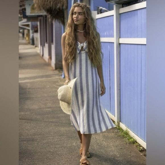 Roxy Sweetest Step Linen Blend Striped Midi Dress Blue Cream Size Medium - Picture 13 of 13